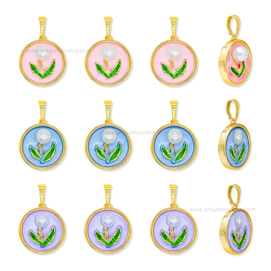 Gold Vermeil Enamel Tulip Flower Pendant with Genuine Pearl | Qty : 1pc | Size : 26mm