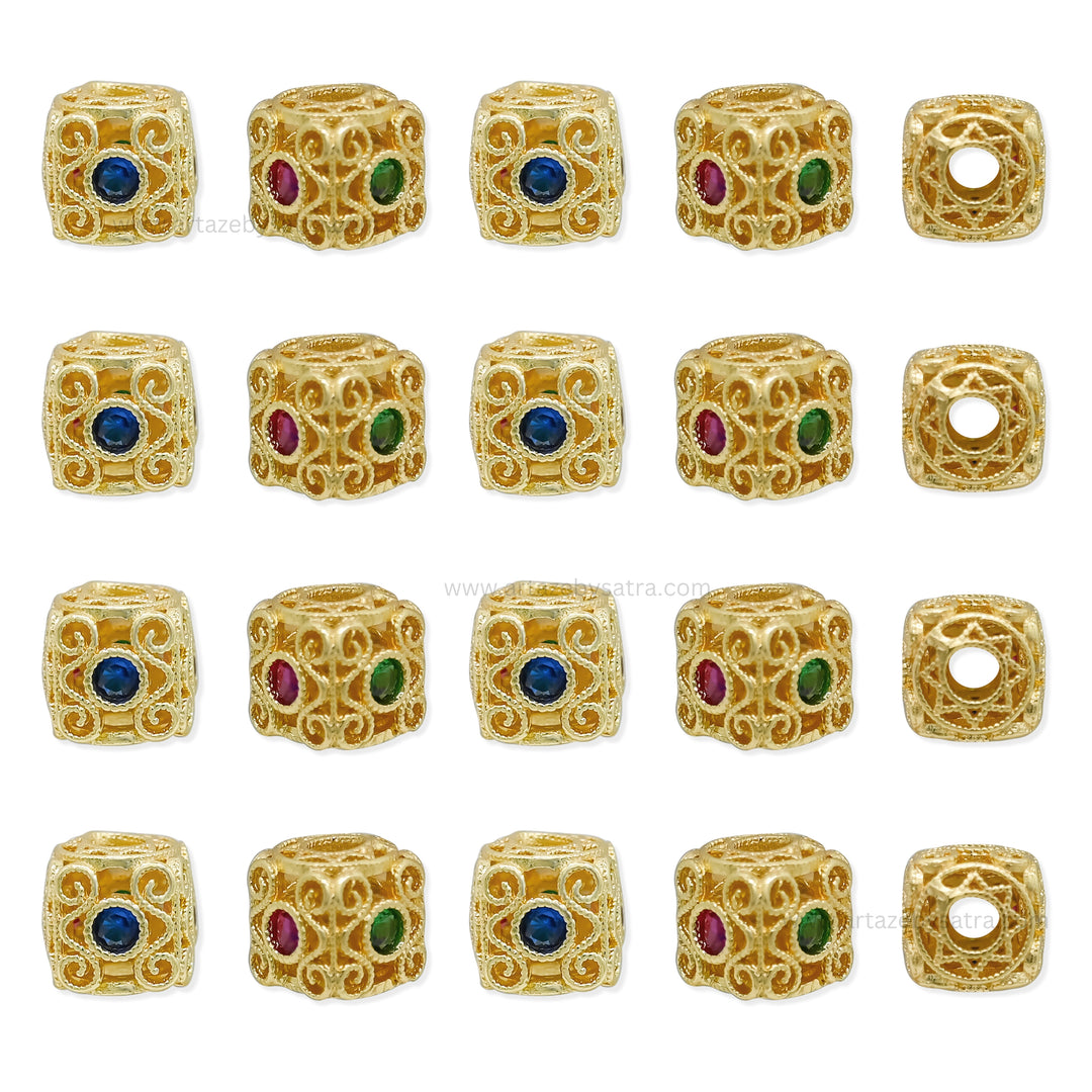 Gold Cube Spacer Beads with Ruby, Emerald & Sapphire Accents | Qty : 1pc | Size : 8mm