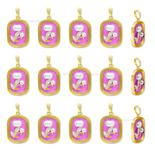 Gold Filled Rectangular Enamel Pendant with Tulip & Pearl Detail | Qty : 1pc | Size : 30mm