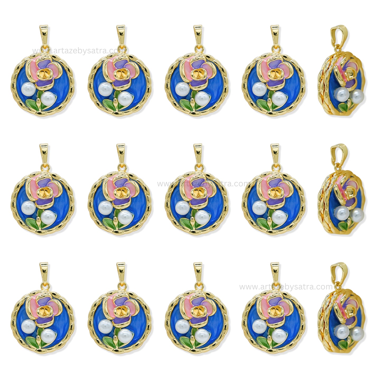 Gold Filled Round Enamel Pendant with Floral Motif & Pearl Accents | Qty : 1pc | Size : 30mm