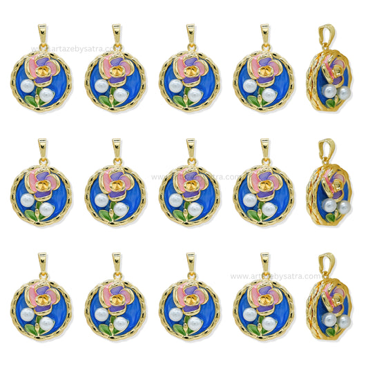 Gold Filled Round Enamel Pendant with Floral Motif & Pearl Accents | Qty : 1pc | Size : 30mm