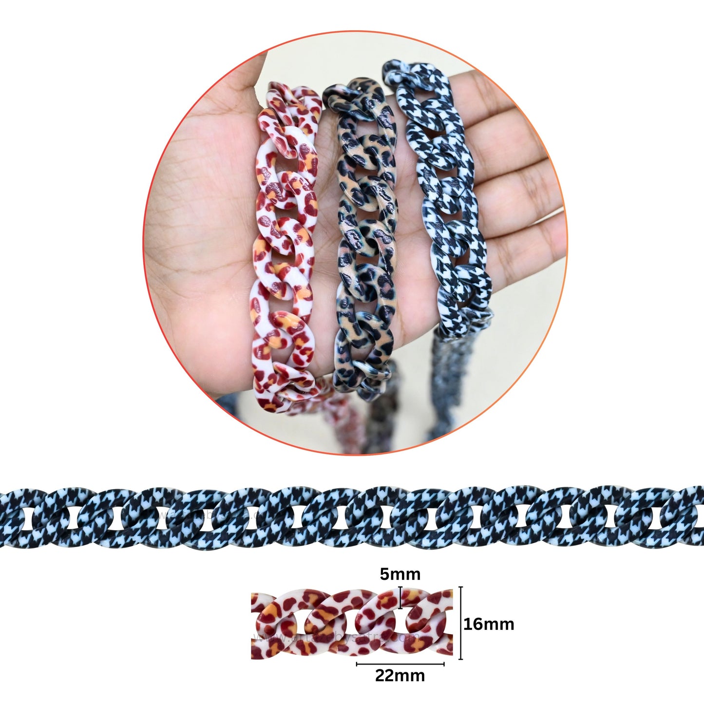Animal Print Acrylic Chains | Size : H-16mm W-22mm | Qty : 1mtr | AC22