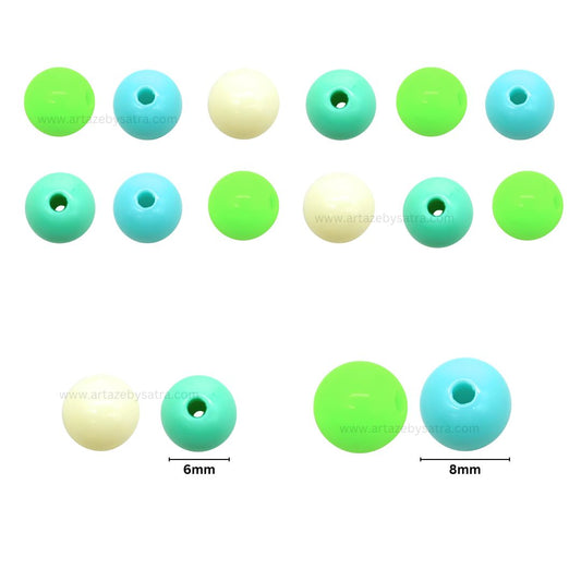 Green Shade Round Pastel Plastic Beads | Size : 6mm, 8mm | PB122