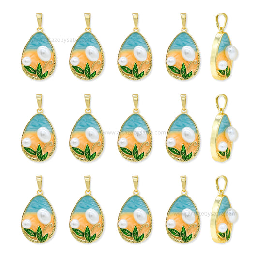 Gold Filled Enamel Beach Scene Teardrop Pendant with Pearl | Qty : 1pc | Size : 33mm