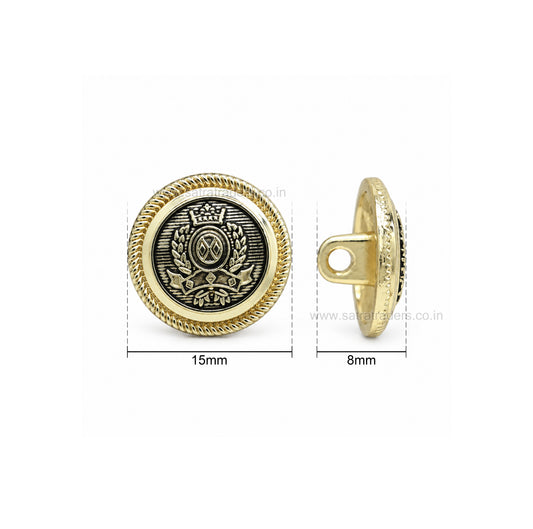 Royal Crest Metal Shank Buttons with Loop | Size : 15mm | Qty : 6pcs