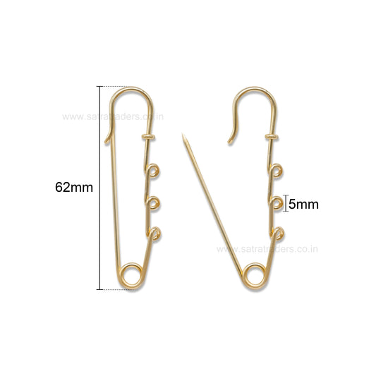 Safety Brooches Pins with 3 Loops | Size : 60mm | Qty : 6pcs | BP17