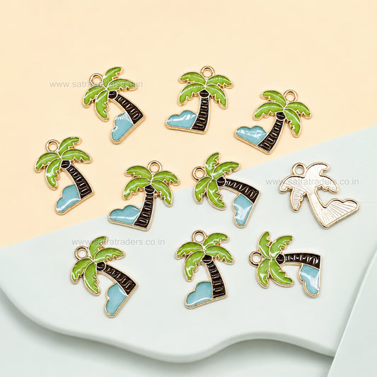Gold Enamel Palm Tree Pendant Charm | Size : 18mm | Qty : 10pcs | CHE213