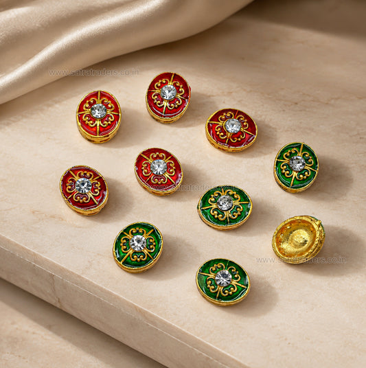 Oval Meenakari Spacer Beads with Rhinestone | Size : 13mm | Qty : 12pcs | MKB135