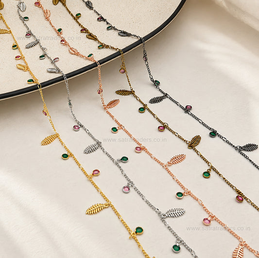 Boho Leaf & Multicolor Crystal Charm Chain | Size : 1m | BC1002
