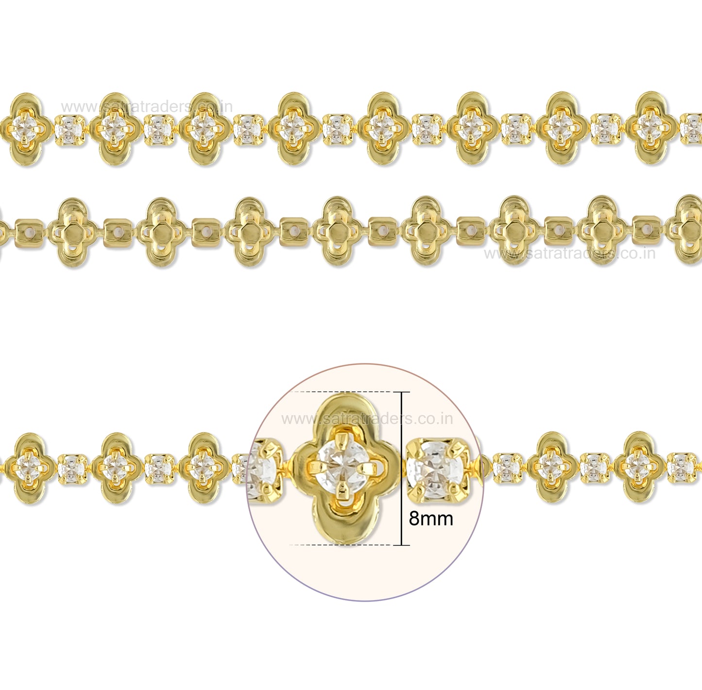 Brass Clover Floral Rhinestone Cup Chain | Size : 1m | BC1008