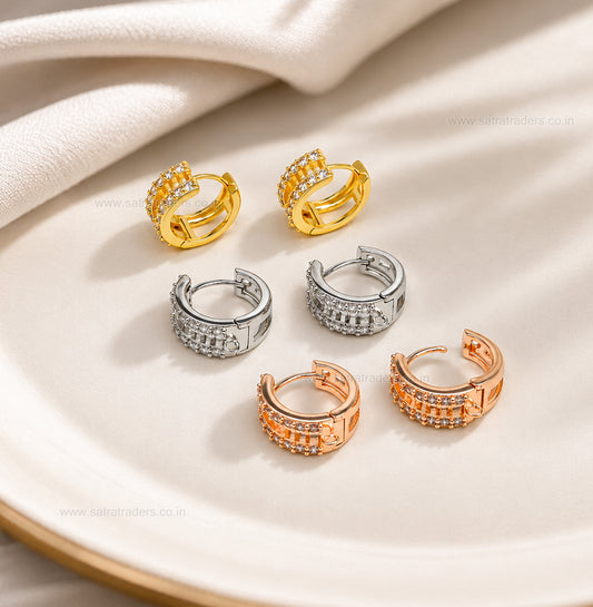 Double Row Pave CZ Huggie Hoop Earring | Size : 17*17mm | Qty : 2pcs-1pair | EF103