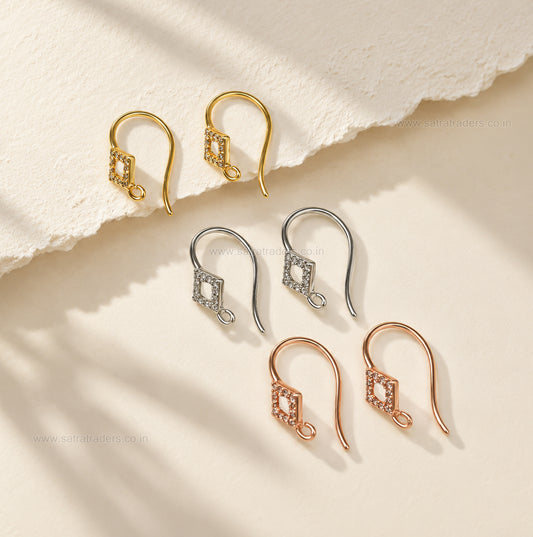 Pave CZ Rhombus French Earring Hooks | Size : 16*10mm | Qty : 2pcs-1pair | EF98