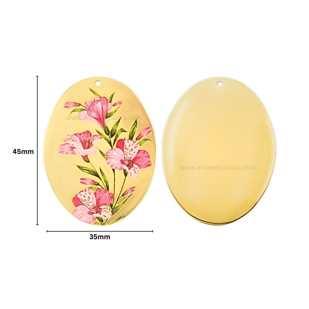 1 Loop Oval Floral Matt Finish Metal Art | Size : 45mm | Qty : 20pcs | MF05