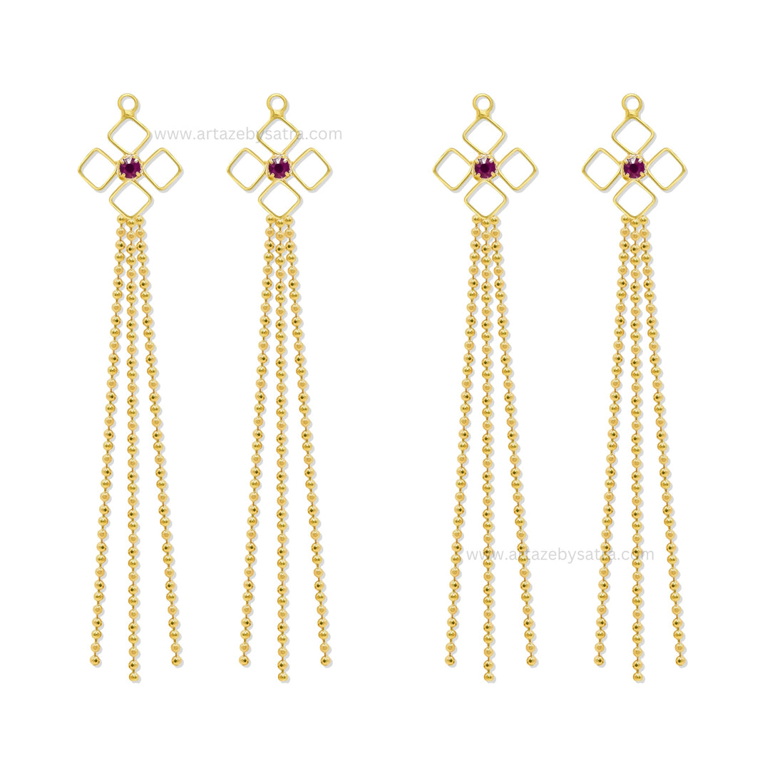 Gold Tone Geometric Earring Charms with Ruby & Cascading Ball Chains | Qty : 1 pair | Size : 2.7inch