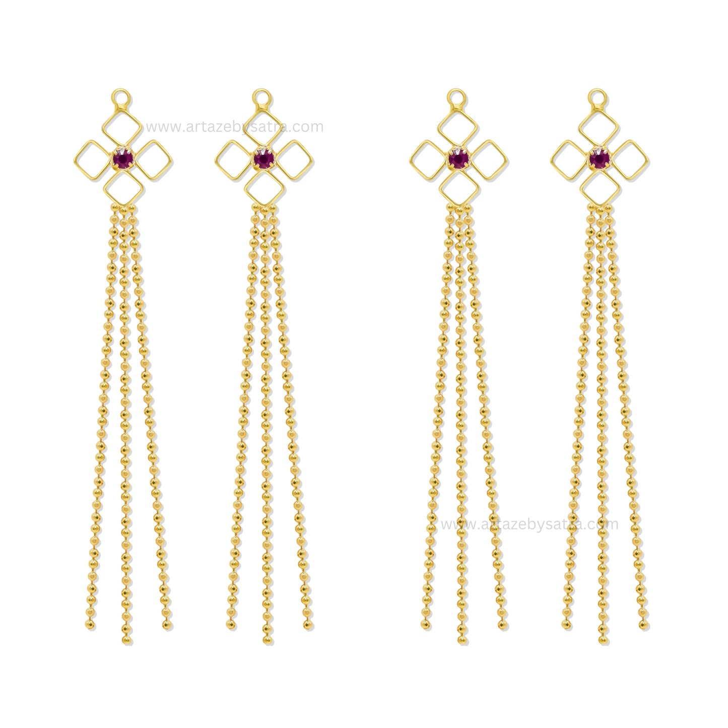 Gold Tone Geometric Earring Charms with Ruby & Cascading Ball Chains | Qty : 1 pair | Size : 2.7inch