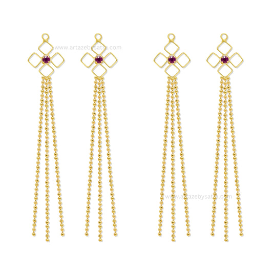 Gold Tone Geometric Earring Charms with Ruby & Cascading Ball Chains | Qty : 1 pair | Size : 2.7inch
