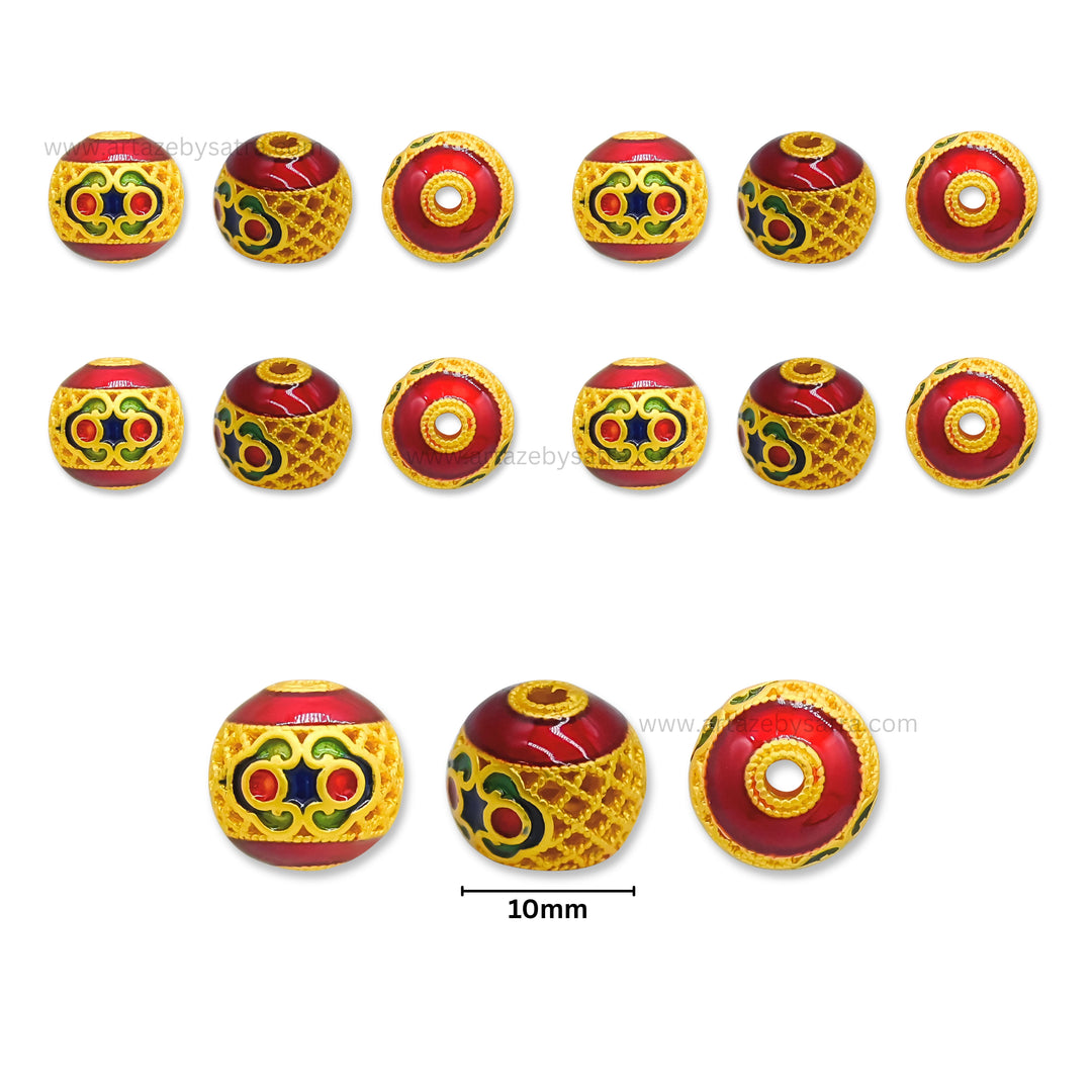 Brass Red Enamel Beads | High Quality | Size : 10mm | Qty : 4pcs