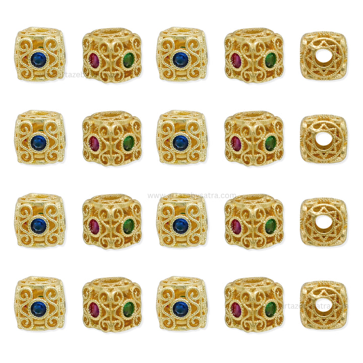 Gold Cube Spacer Beads with Ruby, Emerald & Sapphire Accents | Qty : 1pc | Size : 8mm