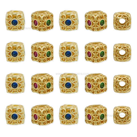 Gold Cube Spacer Beads with Ruby, Emerald & Sapphire Accents | Qty : 1pc | Size : 8mm