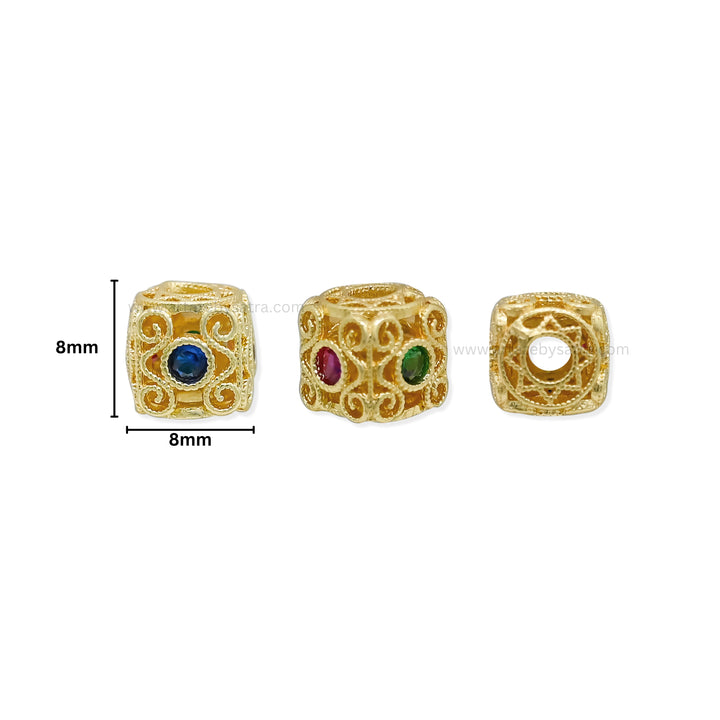 Gold Cube Spacer Beads with Ruby, Emerald & Sapphire Accents | Qty : 1pc | Size : 8mm