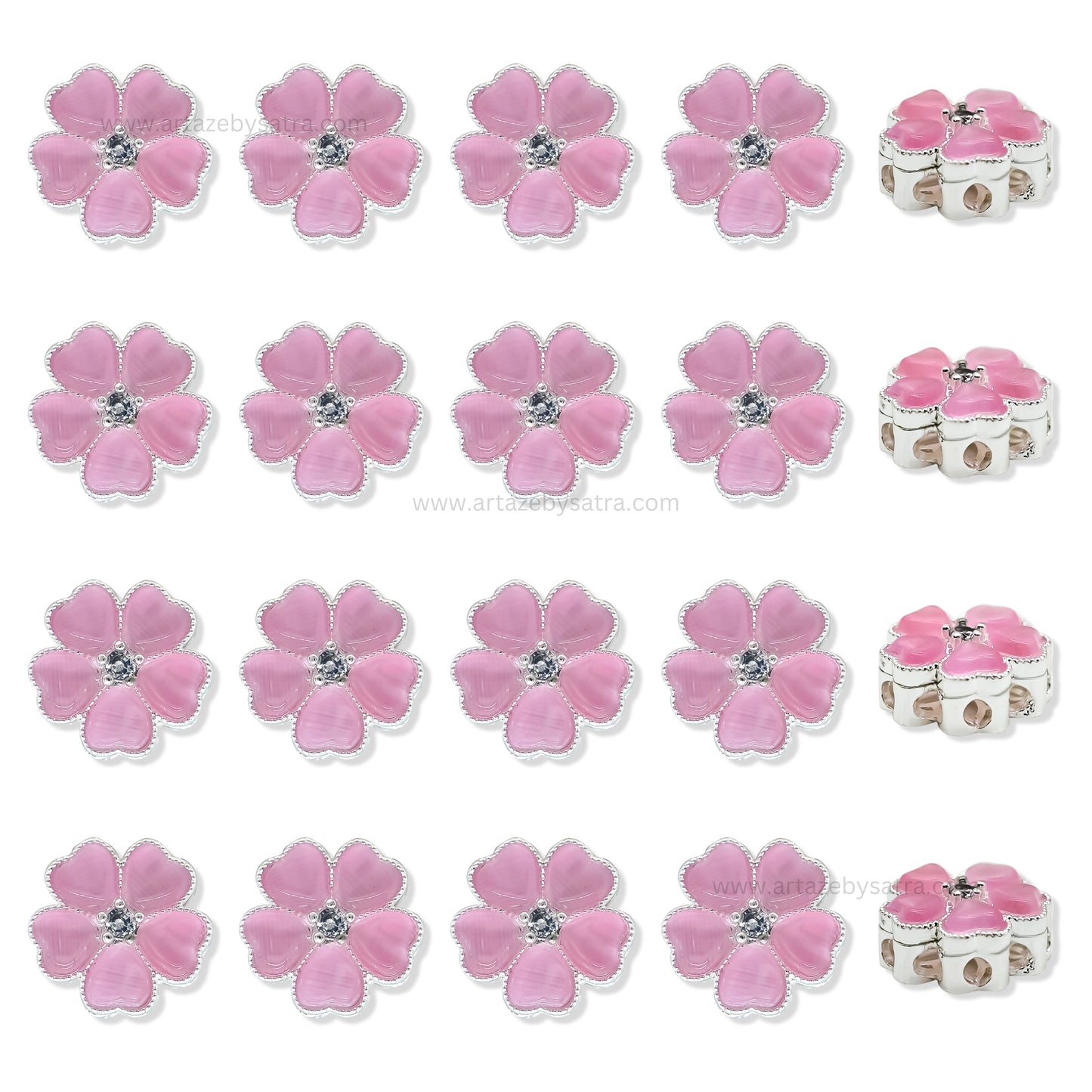 Pink Enamel Flower Beads with Rhinestone Center | Qty : 1pc | Size : 12mm