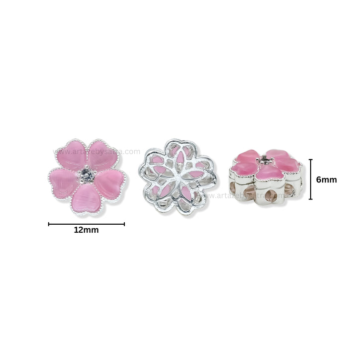 Pink Enamel Flower Beads with Rhinestone Center | Qty : 1pc | Size : 12mm