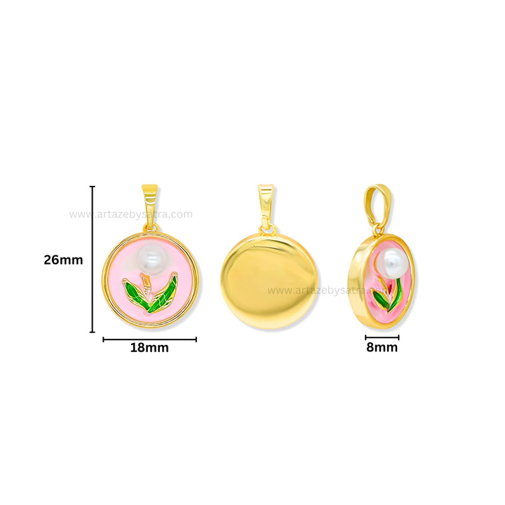 Gold Vermeil Enamel Tulip Flower Pendant with Genuine Pearl | Qty : 1pc | Size : 26mm