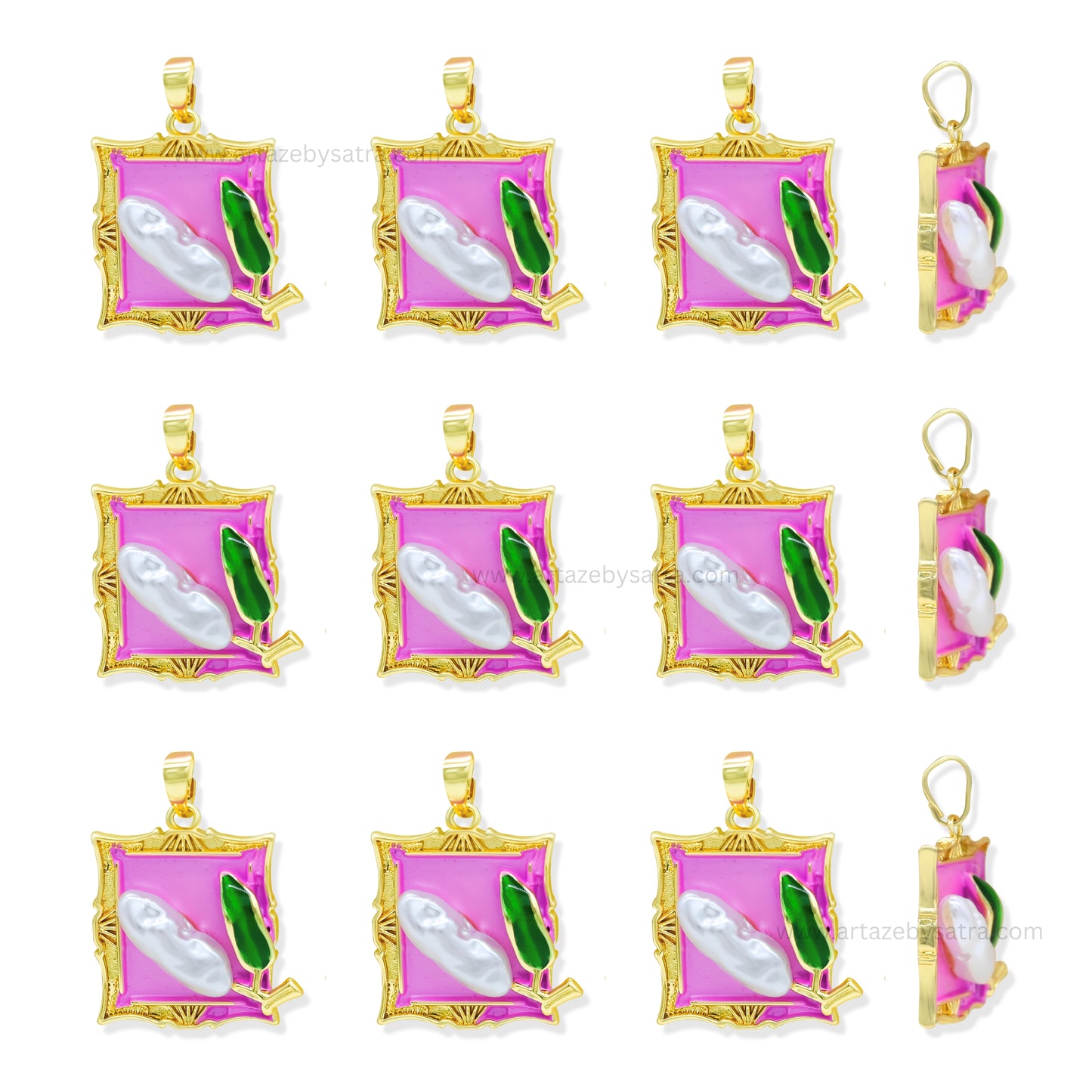 Gold Filled Square Enamel Pendant with Floral Bud & Pearl | Qty : 1pc | Size : 30mm