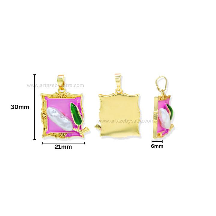 Gold Filled Square Enamel Pendant with Floral Bud & Pearl | Qty : 1pc | Size : 30mm