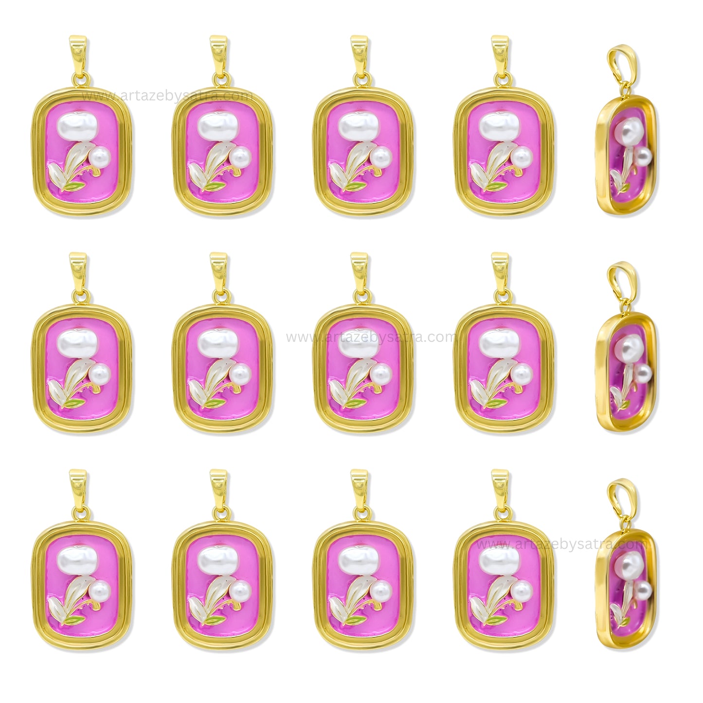 Gold Filled Rectangular Enamel Pendant with Tulip & Pearl Detail | Qty : 1pc | Size : 30mm