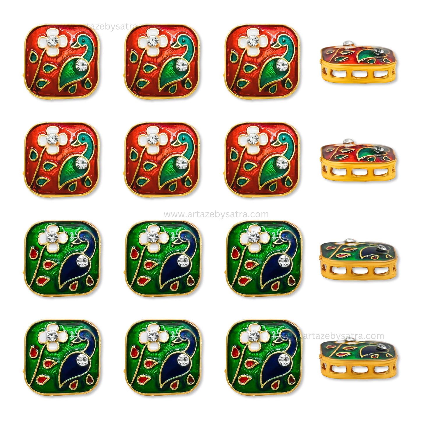 Square Peacock Meenakari Kundan Beads | Size : 18mm | Qty : 6pcs | MK11