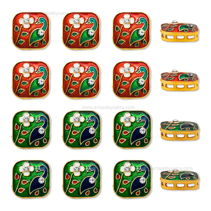 Square Peacock Meenakari Kundan Beads | Size : 18mm | Qty : 6pcs