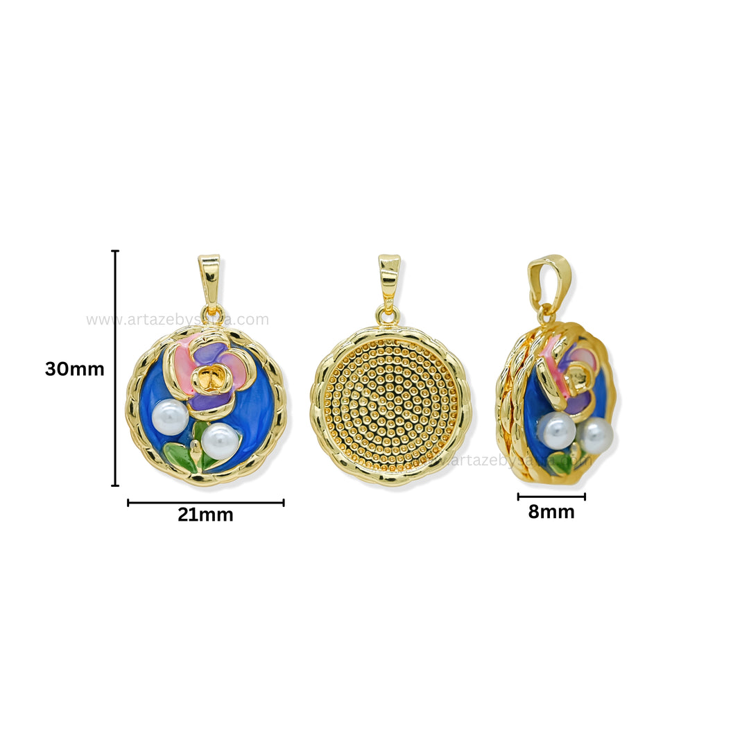 Gold Filled Round Enamel Pendant with Floral Motif & Pearl Accents | Qty : 1pc | Size : 30mm