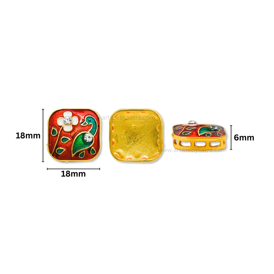 Square Peacock Meenakari Kundan Beads | Size : 18mm | Qty : 6pcs