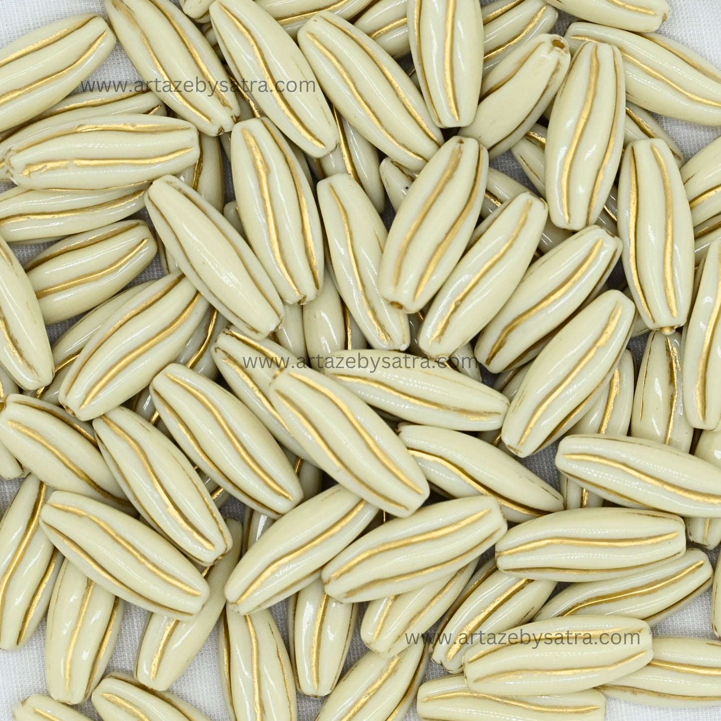 Rice Shape Gold Striped Spacer Beads | Size : 25mm | PB120