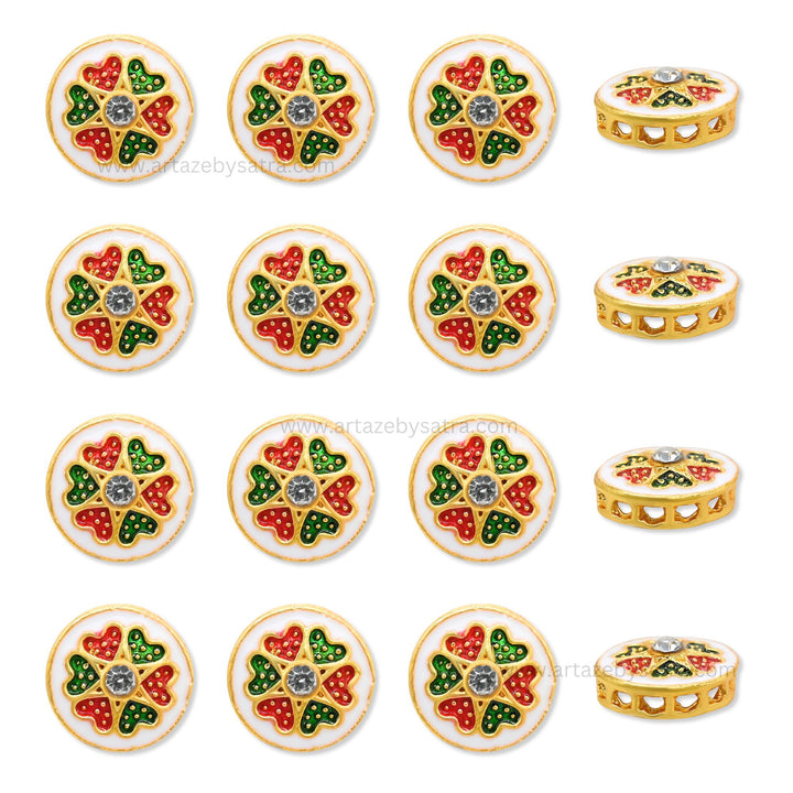 Round Floral Meenakari Kundan Beads | Size : 15mm | Qty : 12pcs