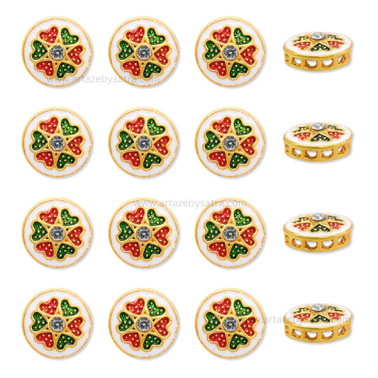 Round Floral Meenakari Kundan Beads | Size : 15mm | Qty : 12pcs | MK10