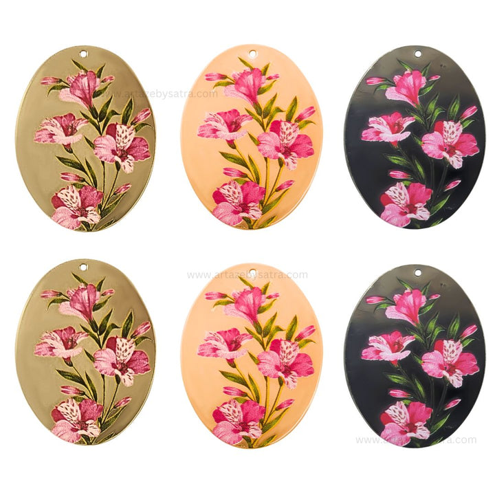 1 Loop Oval Floral Matt Finish Metal Art | Size : 45mm | Qty : 10pcs | MA364