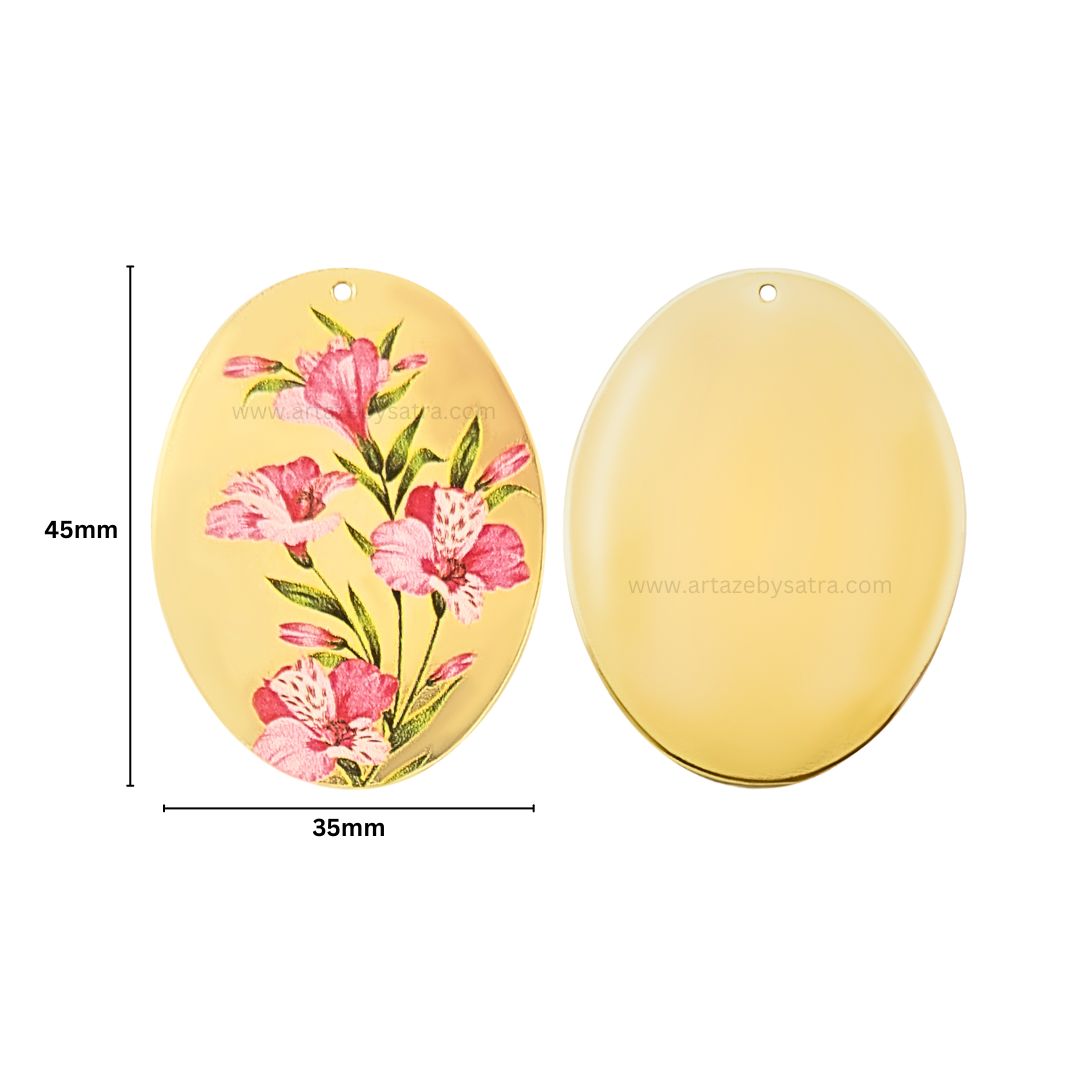 1 Loop Oval Floral Matt Finish Metal Art | Size : 45mm | Qty : 10pcs | MA364