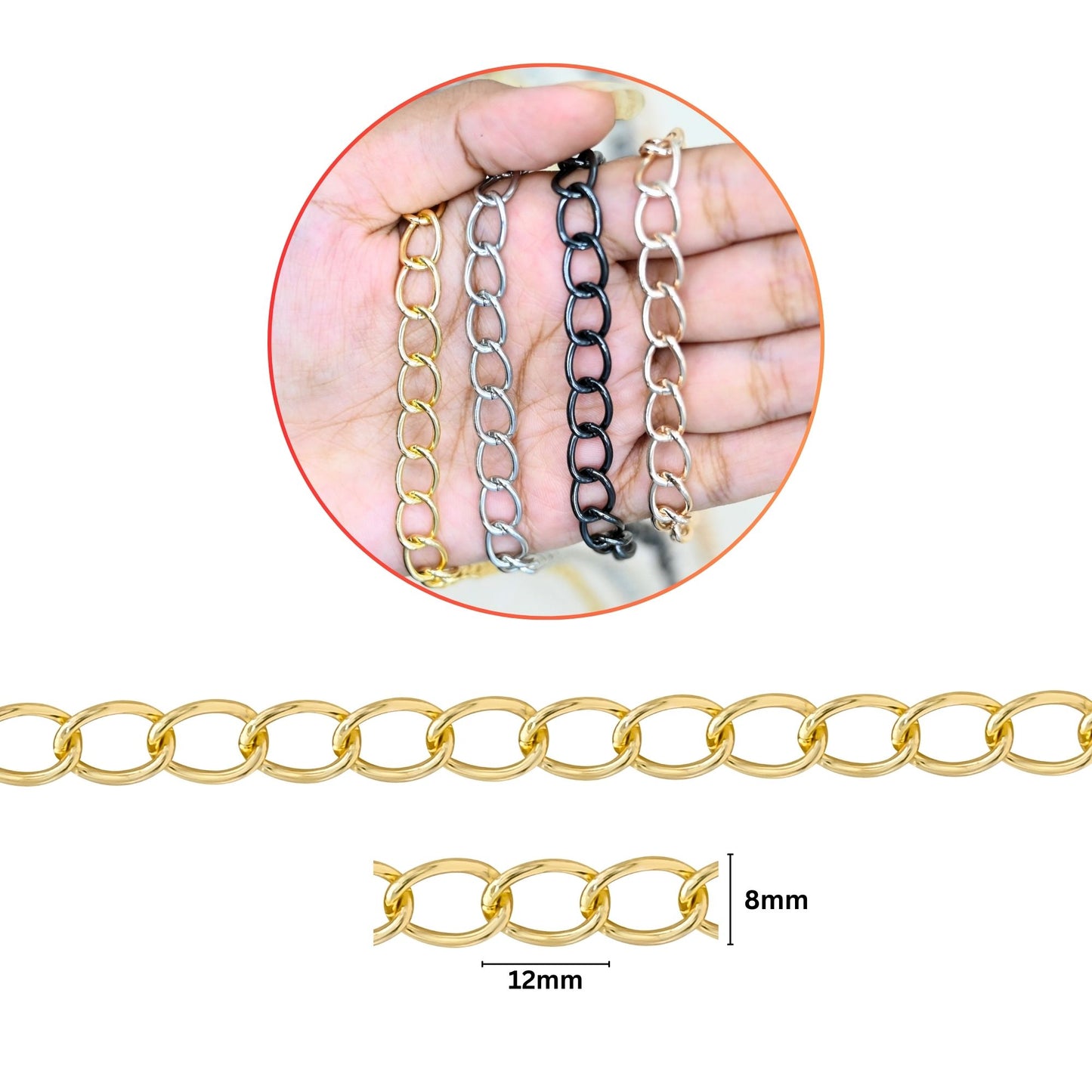 Aluminium Chain | Size : W-8mm H-12mm | Qty : 1mtr | JT-14-43-15