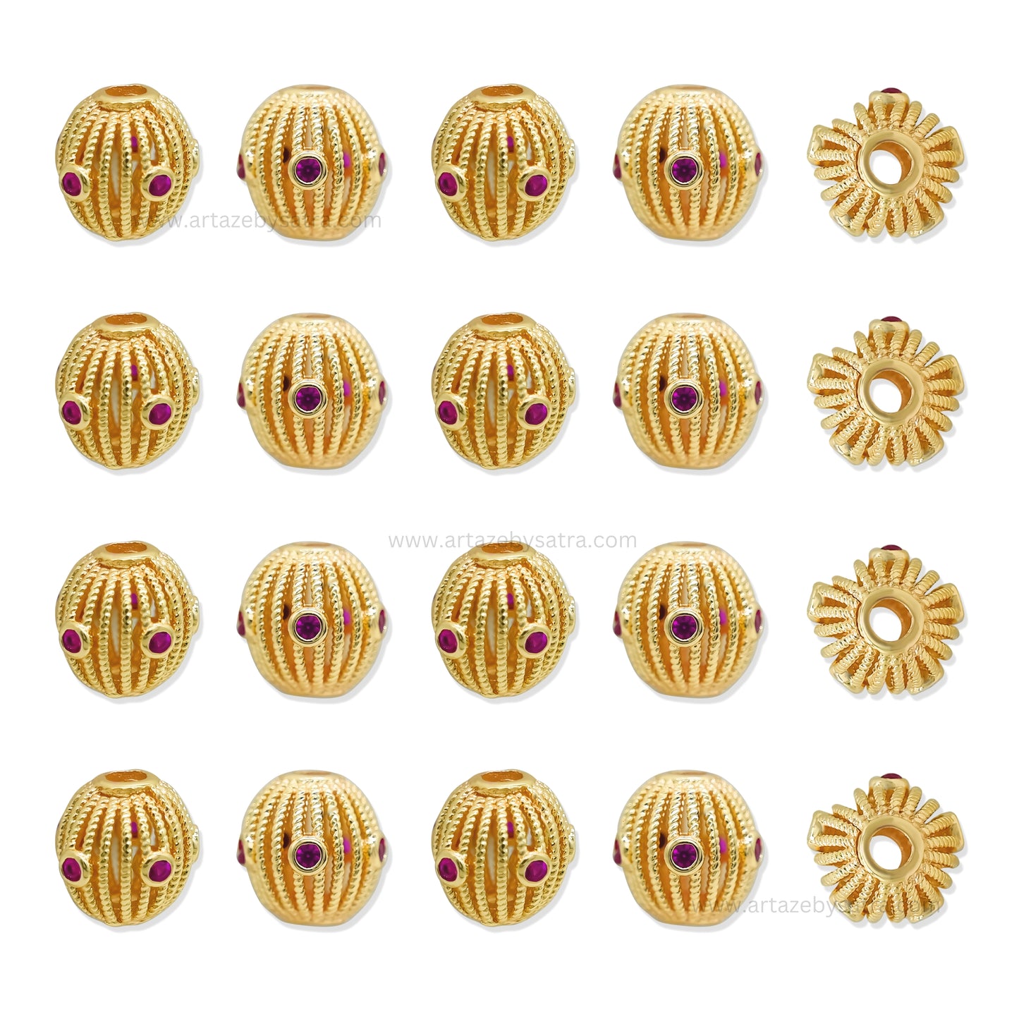 Luxurious Gold Filigree Oval Beads with Ruby Inlays | Qty : 1pc | Size : 10mm