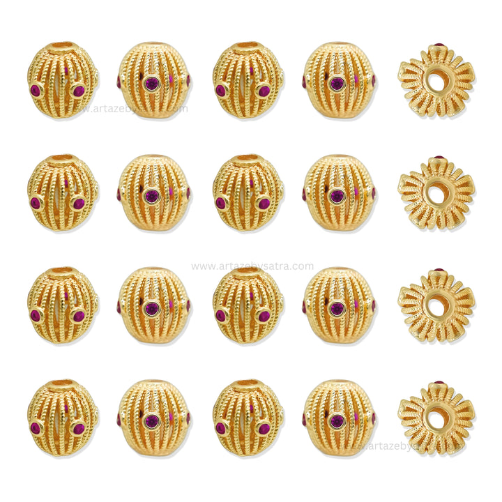 Luxurious Gold Filigree Oval Beads with Ruby Inlays | Qty : 1pc | Size : 10mm