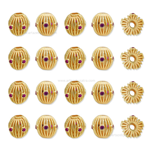 Luxurious Gold Filigree Oval Beads with Ruby Inlays | Qty : 1pc | Size : 10mm
