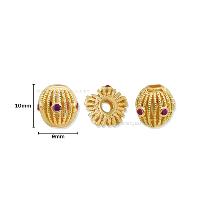 Luxurious Gold Filigree Oval Beads with Ruby Inlays | Qty : 1pc | Size : 10mm