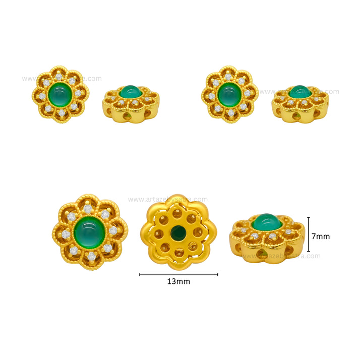 Brass Green Stone Beads | High Quality | Size : 13mm | Qty : 4pcs
