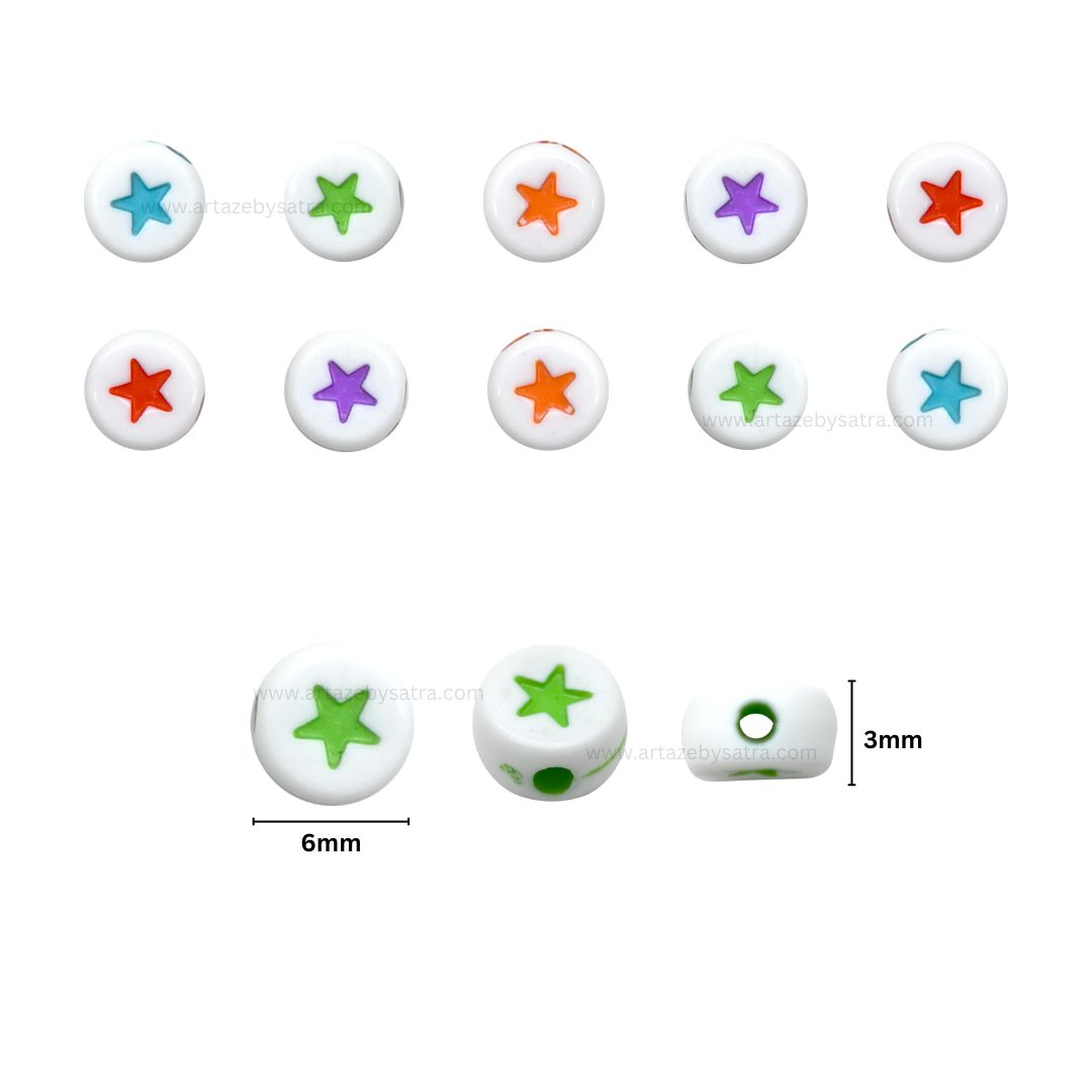 Round Beads in White with Colorful Star | Size : 6mm | PB64