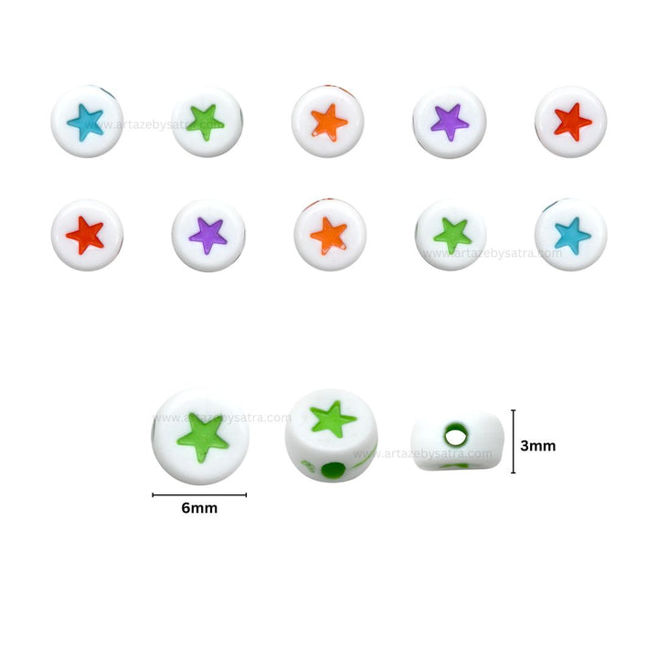 Round Beads in White with Colorful Star | Size : 6mm | PB64