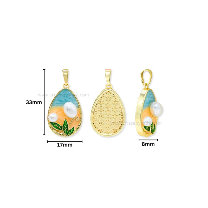 Gold Filled Enamel Beach Scene Teardrop Pendant with Pearl | Qty : 1pc | Size : 33mm