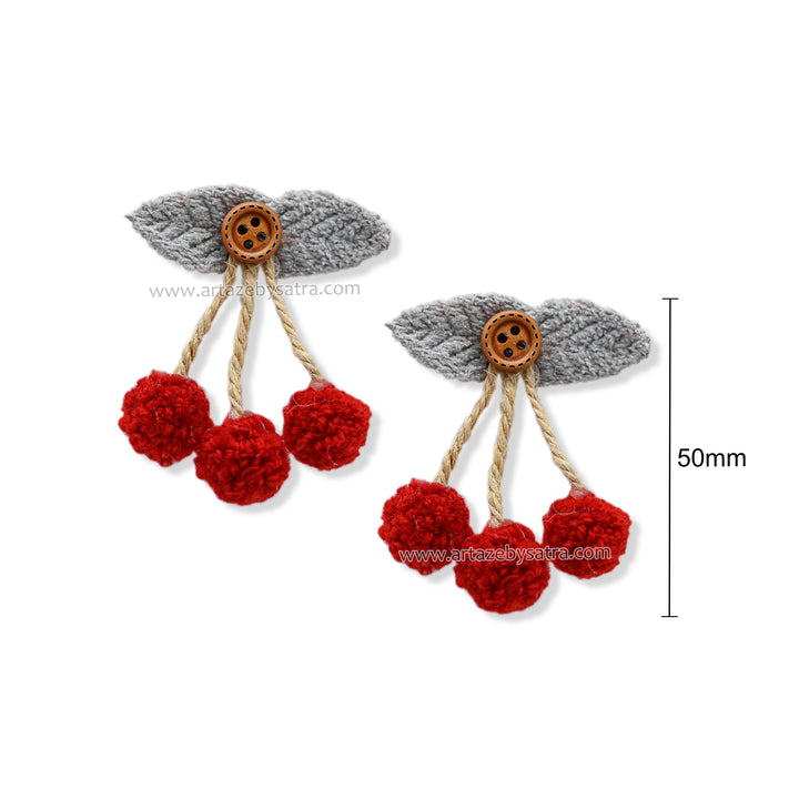 Triple Cherry Pom-Pom Appliques | Size : 50mm | Qty : 6pcs