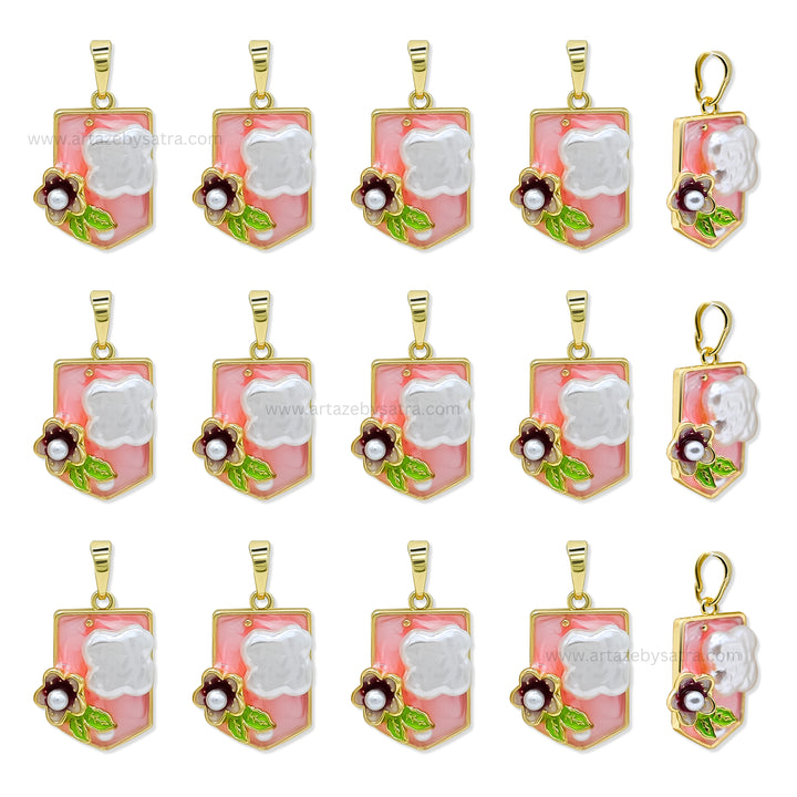 Gold Filled Enamel Shield Pendant with Flower & Pearl Accent | Qty : 1pc | Size : 30mm